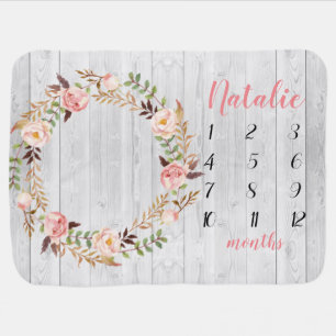 Floral Pink Rustic White Wood Baby Milestone Baby Blanket