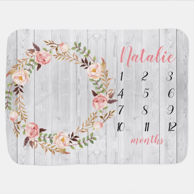 Floral Pink Rustic White Wood Baby Milestone Baby Blanket (Horizontal)