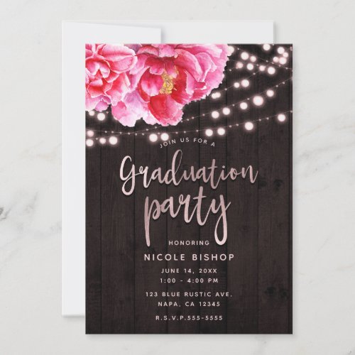 Floral Pink Rustic Wood Lights Graduation Party Invitation