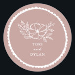 Floral Pink Scalloped Wedding Classic Round Sticker<br><div class="desc">White line art flower illustration with white text and hand drawn scalloped border over pink background.</div>
