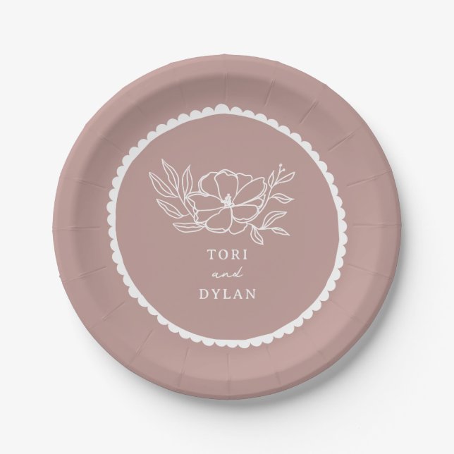 Floral Pink Scalloped Wedding Paper Plates (Front)