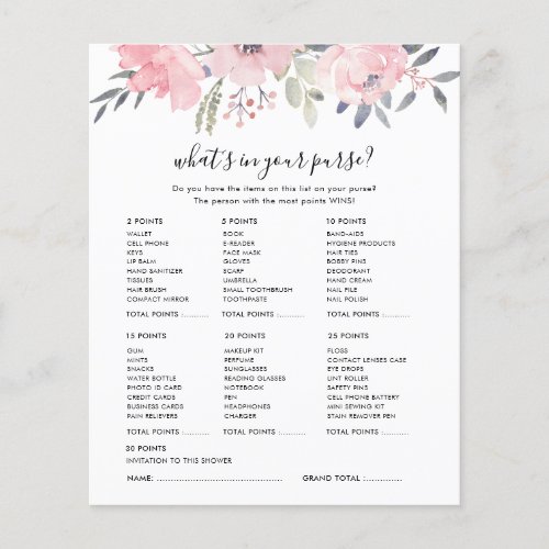 Floral Pink Script Bridal Shower Games Card