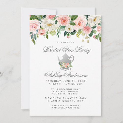 Floral Pink Silver Bridal Shower Tea Party Invite