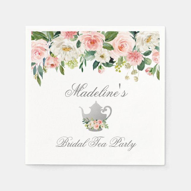 Floral Pink Silver Bridal Shower Tea Party Napkins (Front)