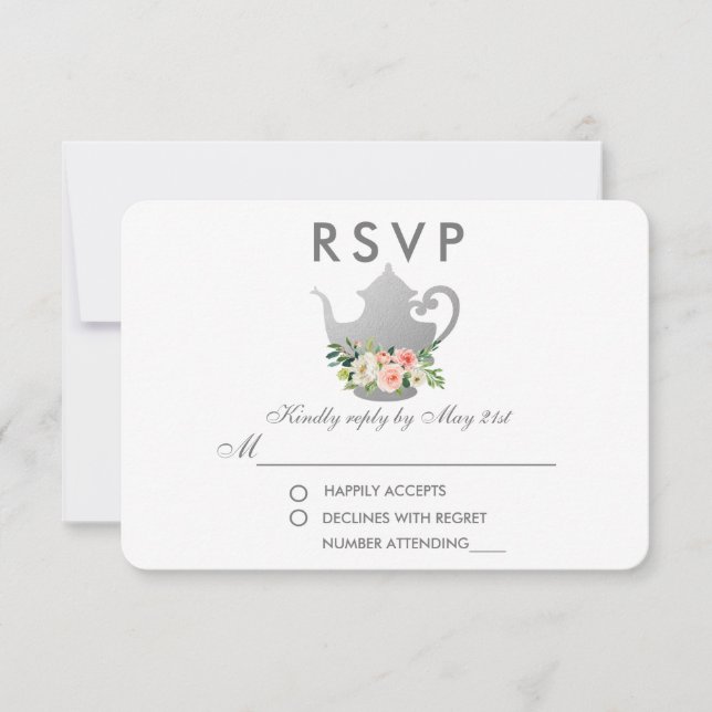 Floral Pink Silver Bridal Shower Tea Party RSVP R (Front)