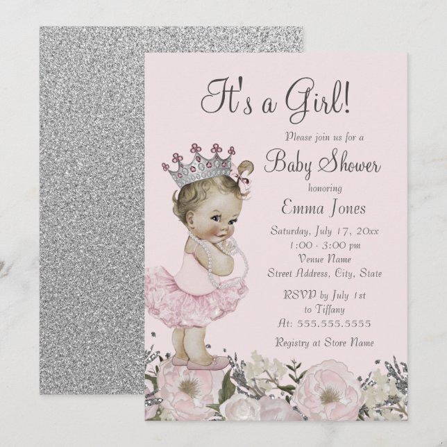 Floral Pink Silver Princess Baby Shower Invitation (Front/Back)
