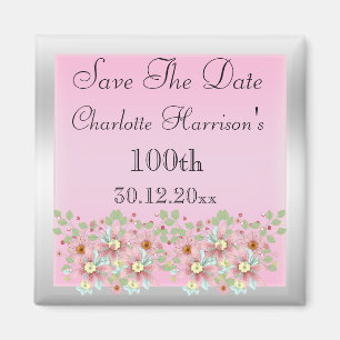 Floral Pink & Silver Save The Date 100th Magnet