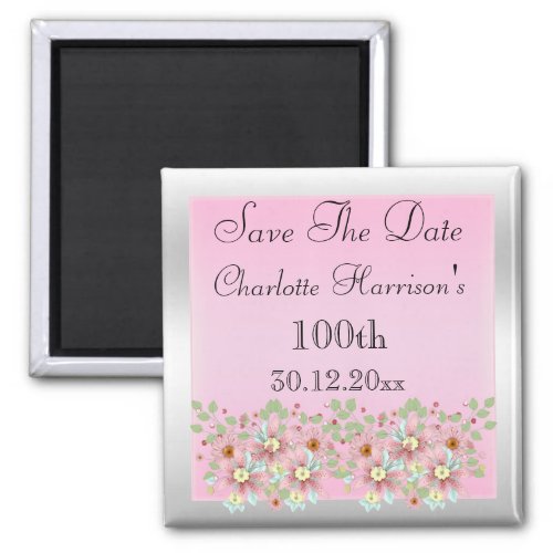 Floral Pink  Silver Save The Date 100th Magnet