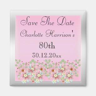 Floral Pink & Silver Save The Date 80th Magnet