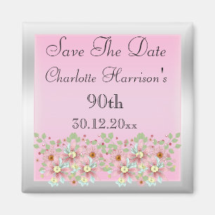 Floral Pink & Silver Save The Date 90th Magnet