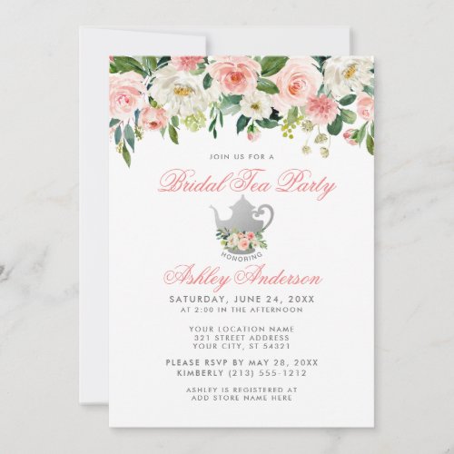 Floral Pink Silver Tea Party Bridal Shower Invite