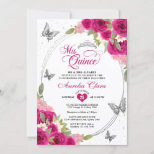 Floral Pink Silver Tiara Butterfly Mis Quinceañera Invitation