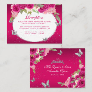 Floral Pink Silver Tiara Butterfly Quinceañera Enclosure Card