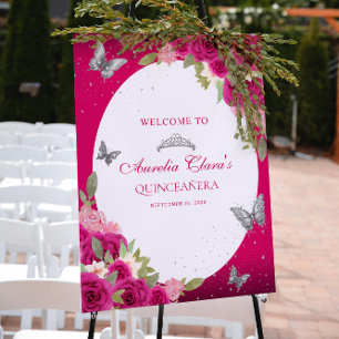 Floral Pink Silver Tiara Butterfly Quinceañera Poster