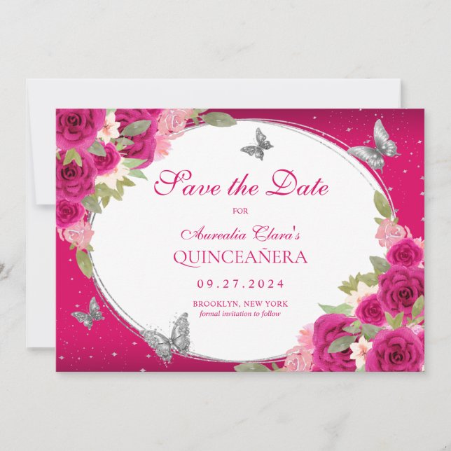 Floral Pink Silver Tiara Butterfly Quinceanera Save The Date (Front)