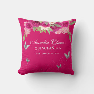 Floral Pink Silver Tiara Butterfly Quinceanera Throw Pillow