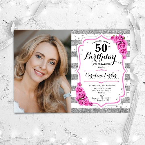 Floral Pink Silver White Photo 50th Birthday Invitation