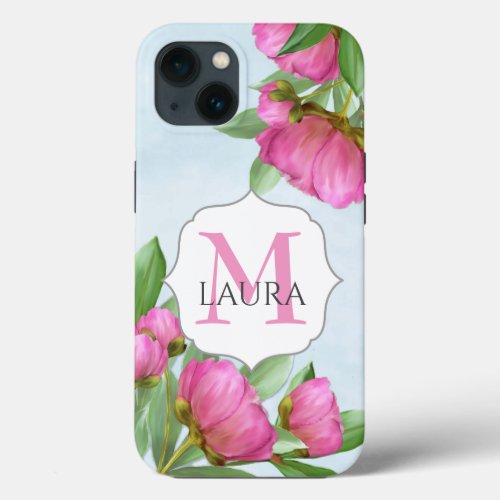 Floral Pink Simple Minimalist Monogram  iPhone 13 Case