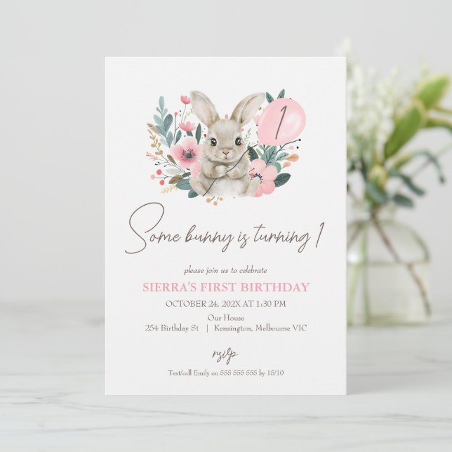 Floral Pink Some Bunny Is Turning One 1st Birthday Invitation (Standing Front)