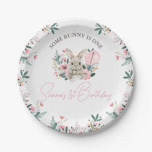 Floral Pink Some Bunny Is Turning One 1st Birthday Paper Plates