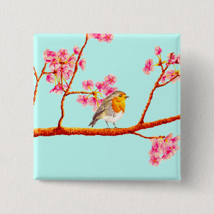 Floral Pink Spring Blossom Robin Bird Button