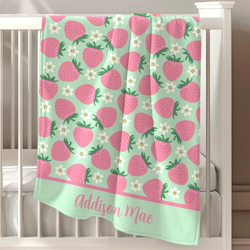 Floral Pink Strawberry Pattern Personalized Baby Blanket