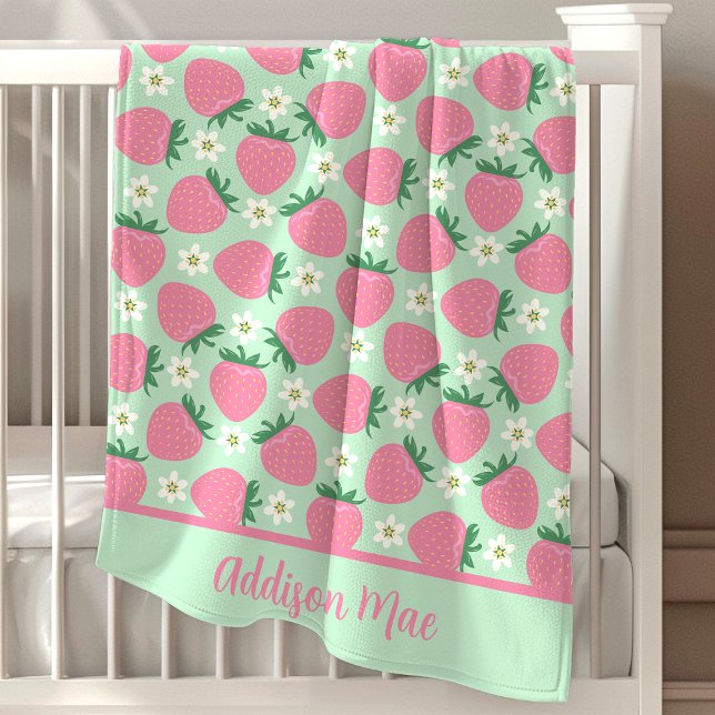 Floral Pink Strawberry Pattern Personalized Baby Blanket (Creator Uploaded)