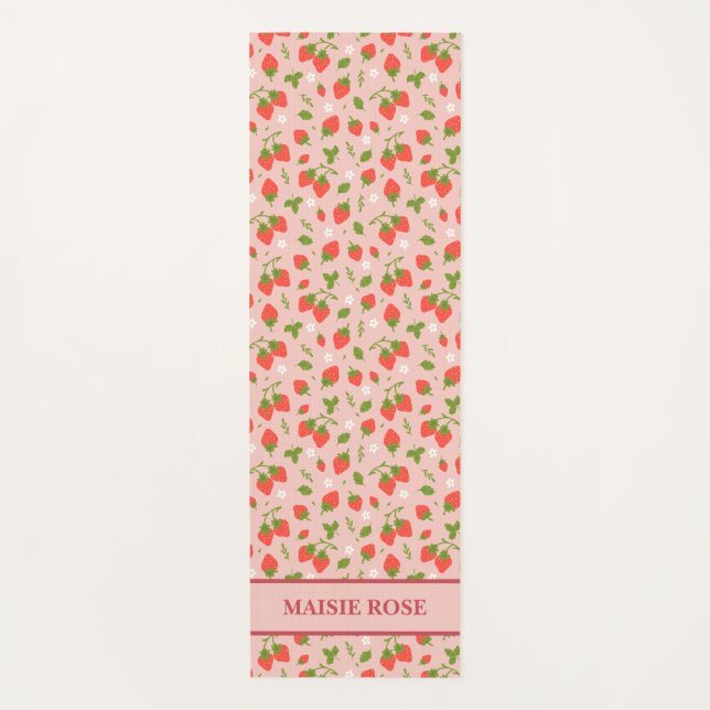 Floral Pink Strawberry Pattern Personalized Kids Yoga Mat (Front)