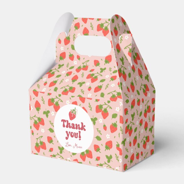 Floral Pink Strawberry Pattern Personalized Party Favor Boxes (Front Side)