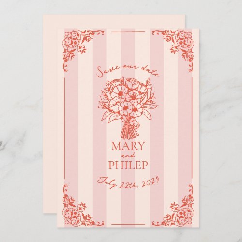 Floral Pink Stripe Botanical Save The Date Invitation