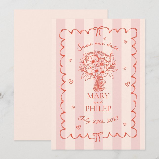 Floral Pink Stripe Botanical Save The Date Invitation (Front/Back)