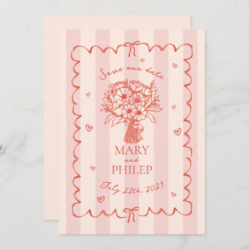 Floral Pink Stripe Botanical Save The Date Invitation