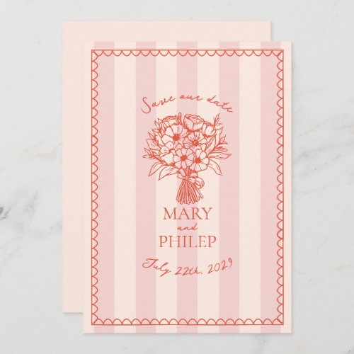 Floral Pink Stripe Botanical Save The Date Invitation