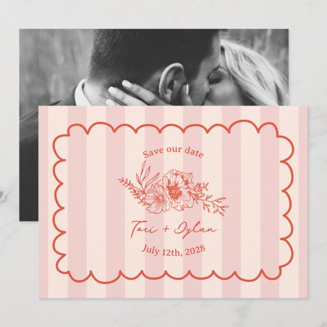 Floral Pink Stripe Botanical Save The Date Photo (Front/Back)