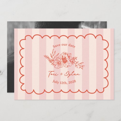 Floral Pink Stripe Botanical Save The Date Photo