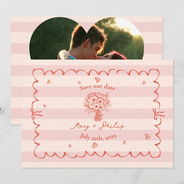 Floral Pink Stripe Botanical Save The Date Photo Invitation (Front/Back)