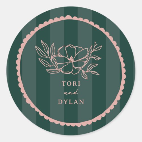 Floral Pink Stripe Wedding Classic Round Sticker