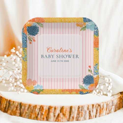 Floral Pink Striped Baby in Bloom Baby Shower Paper Plates