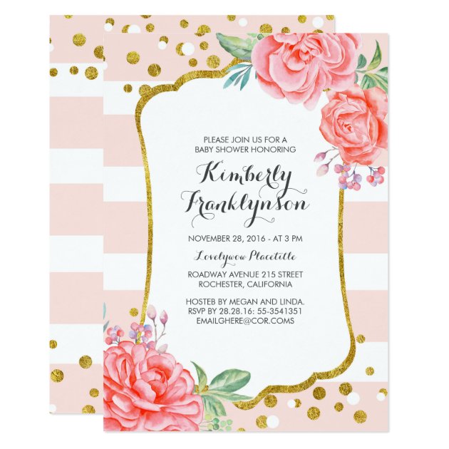 Floral Pink Stripes Gold Confetti Baby Shower Invitation