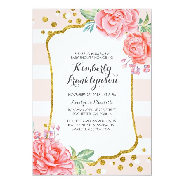 Floral Pink Stripes Gold Confetti Baby Shower Invitation