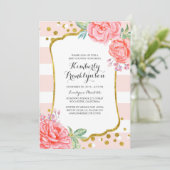 Floral Pink Stripes Gold Confetti Baby Shower Invitation (Standing Front)