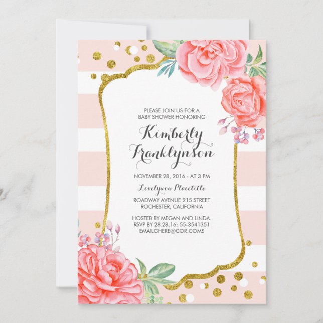Floral Pink Stripes Gold Confetti Baby Shower Invitation (Front)