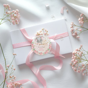 Floral pink sweet elephant baby girl shower  classic round sticker