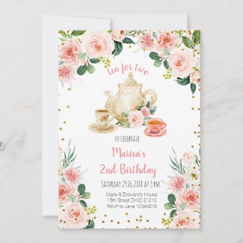 Floral Pink Tea for Two Birthday Party Invitation