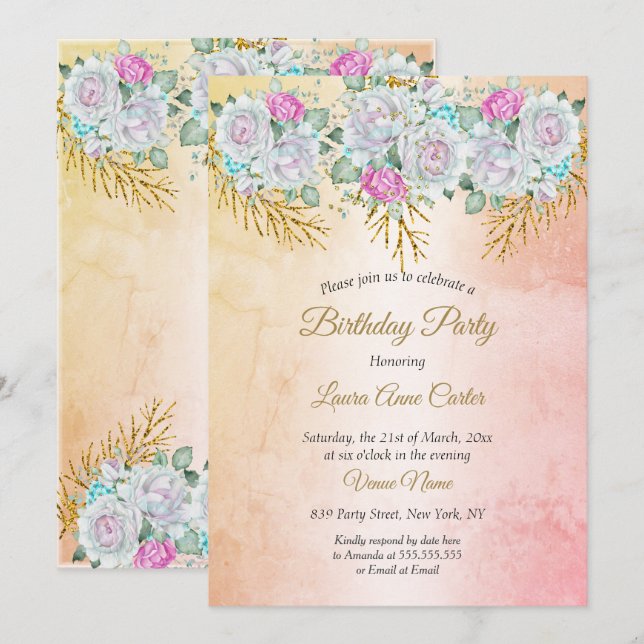 Floral Pink Teal Blue Gold Birthday Party Invitation (Front/Back)