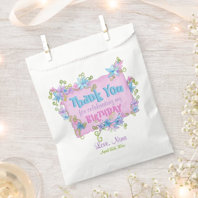Floral Pink Thank You Birthday Party Favor Bag (Clipped)