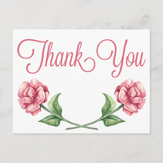Floral Pink Thank You Watercolor Rose Flower Postcard (Front)