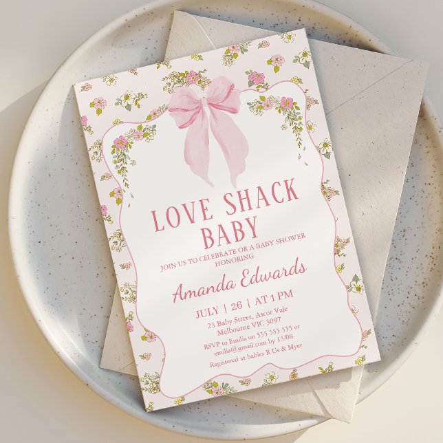 Floral Pink Tiny Bow Love Shack Baby Baby Shower  Invitation (Love Shack Baby Shower Invitation, Love Shack Fancy Invite, Love Shack Fancy Baby Shower Invitation)