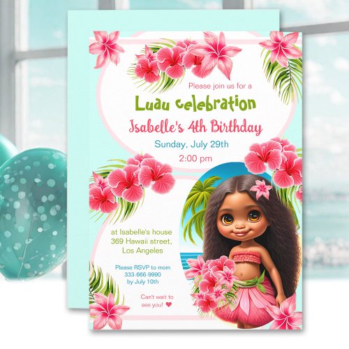 Floral Pink Tropical Aloha Luau Birthday Invitation