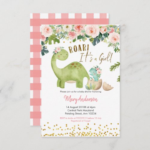 Floral Pink Tropical Dinosaur Baby Shower Invitation